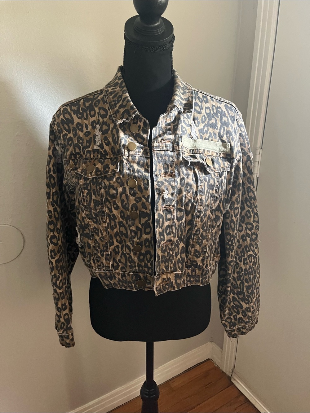 Vintage Havana Leopard Animal Print Stretch Cropped Button Front Jacket Size L